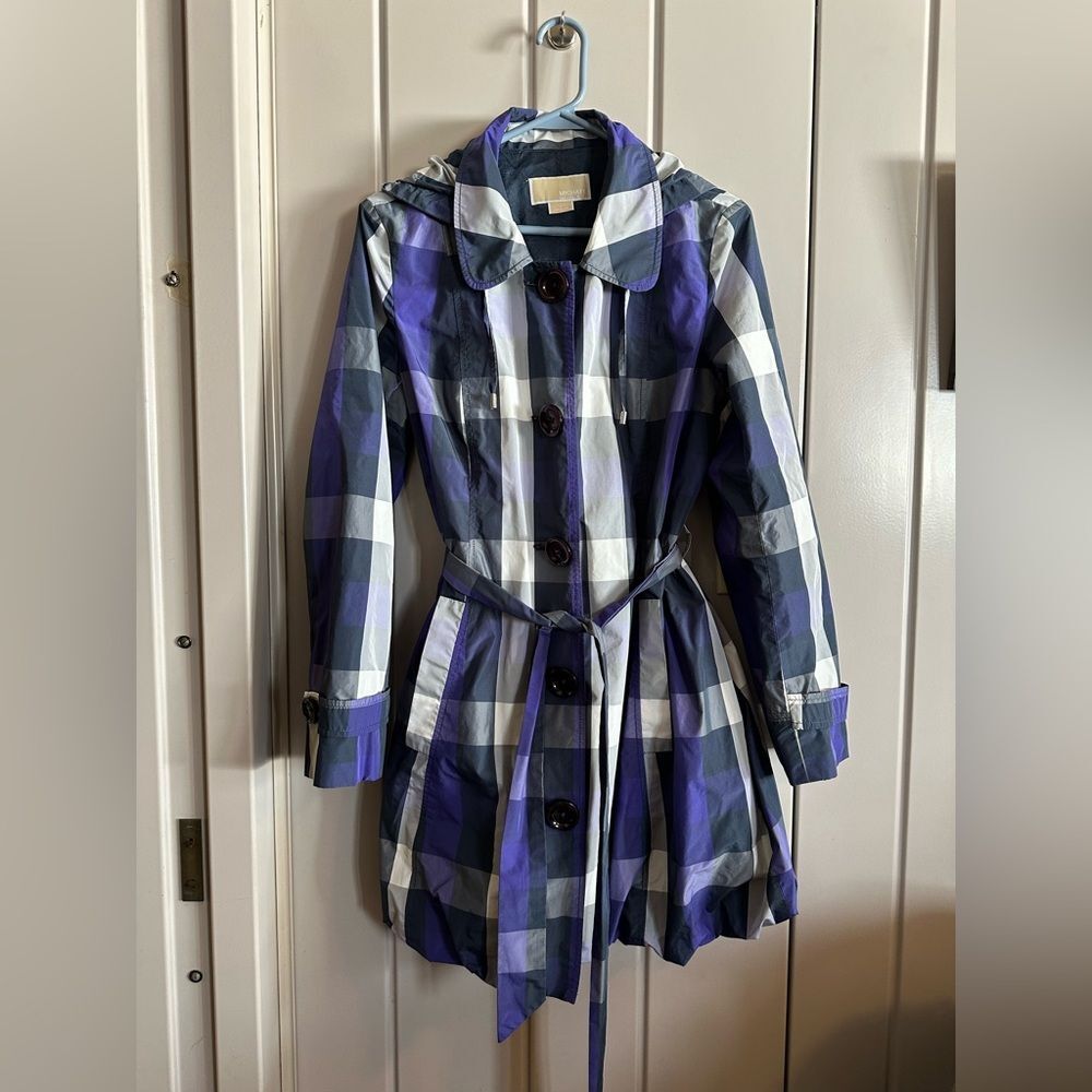 Michael Michael Kors Purple Plaid Belted & Hooded Coat Size 10 spring summer